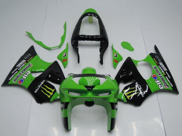 1998-1999 Kawasaki ZX6R Motorcycle Fairings - Green Glossy Black Yellow Elf Bridgestone Monster Canada