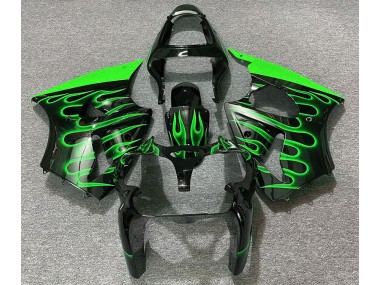 2000-2002 Gloss Black & Green Flame Kawasaki ZX6R Motorcycle Fairings